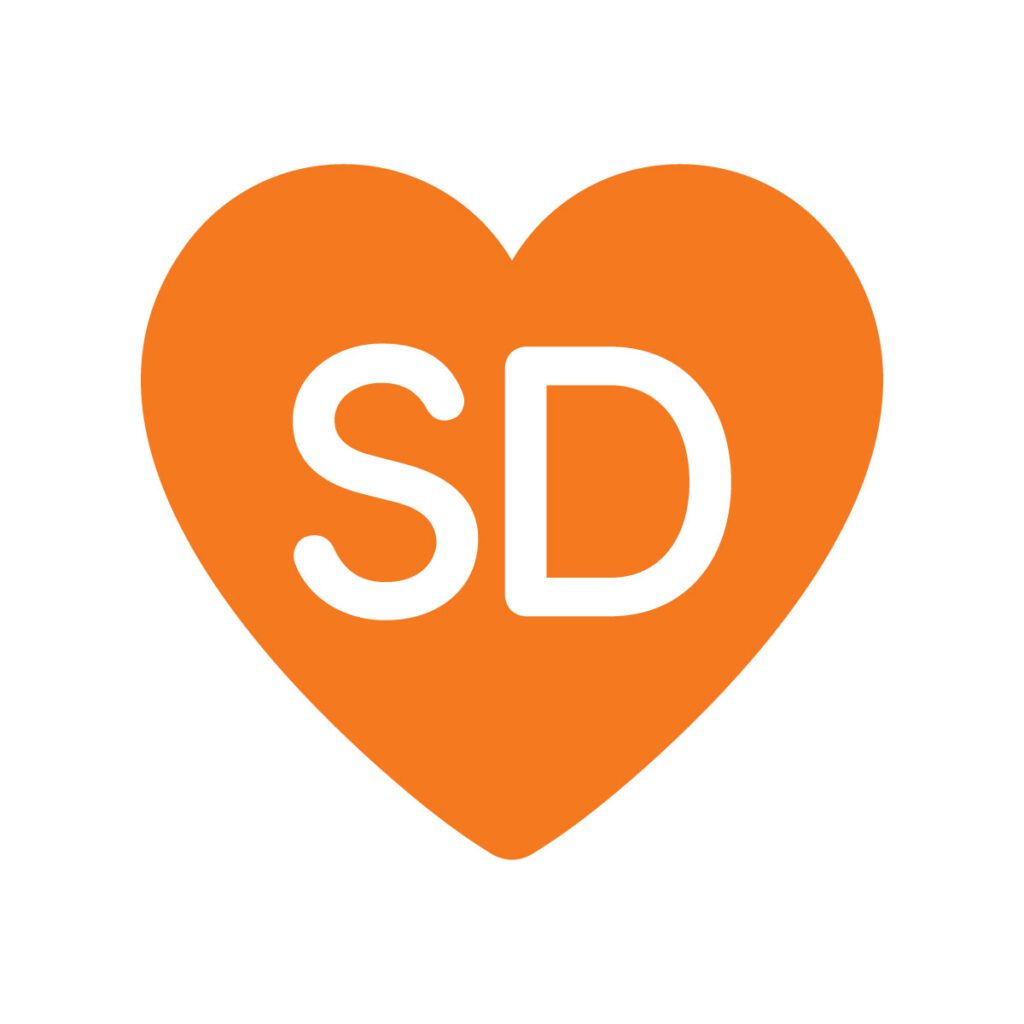 The letters SD on an orange heart