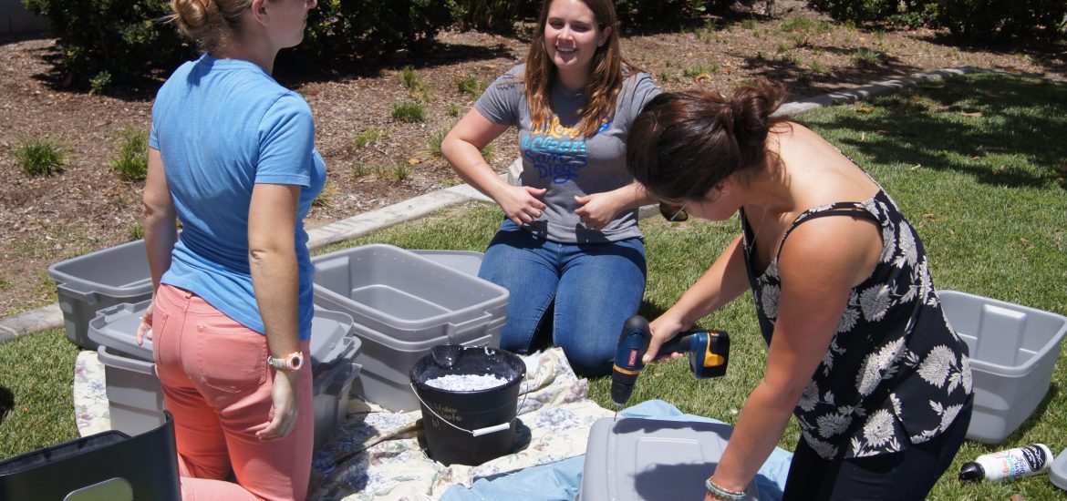 Emily showing Lauren and Moriah how to make their own vermicomposting bin!